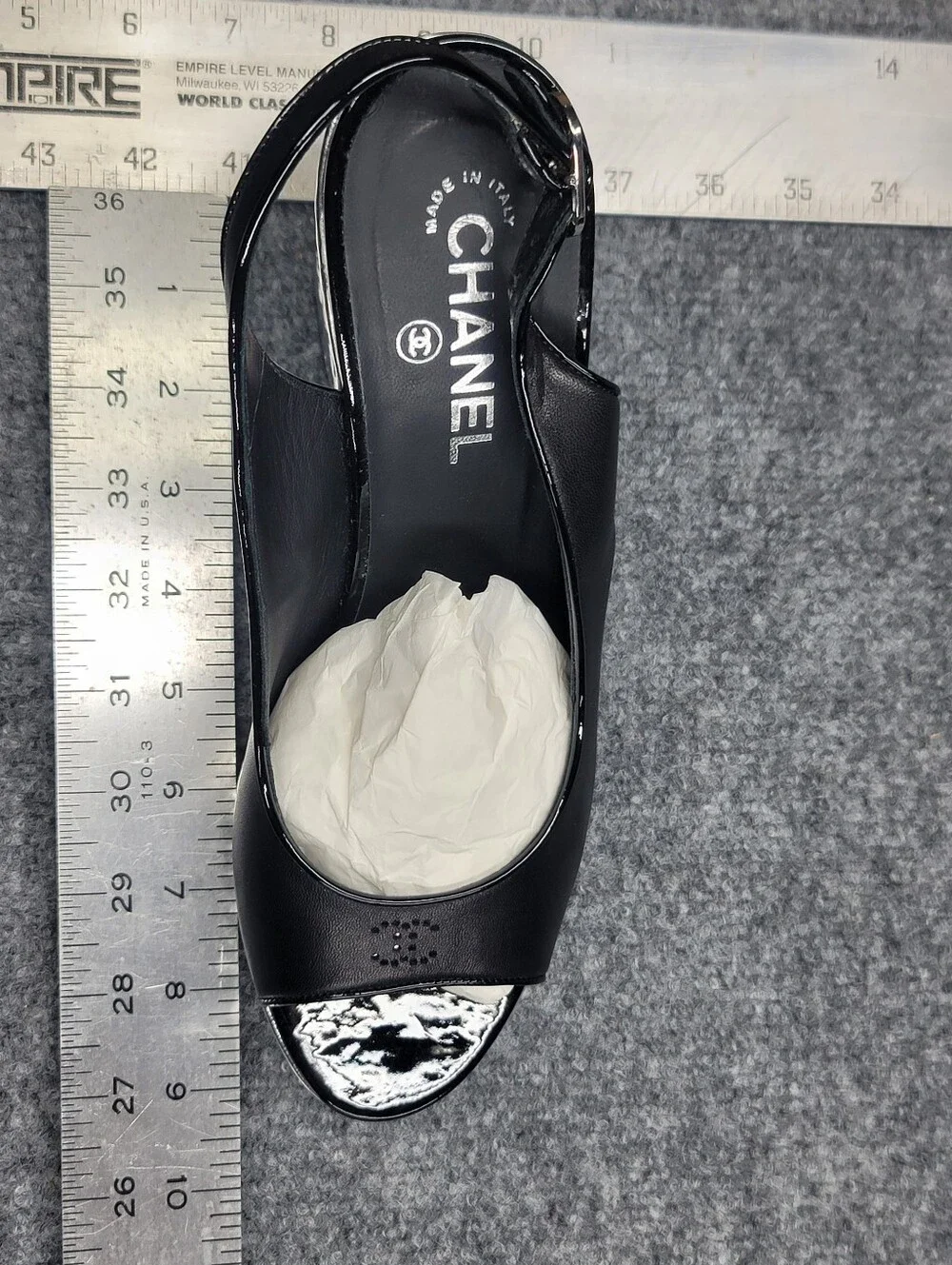 Chanel Black Leather Silver Wedge Peep Toe Sling Back Sandals Size 41